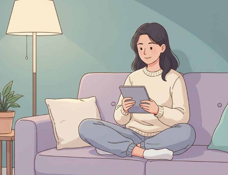 Illustration of a woman looking at a calming self-reflection journal or digital tool on a tablet