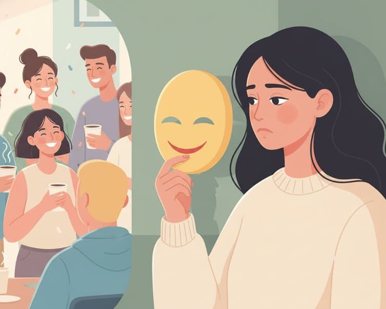 Illustration of woman wearing a social mask — two-faced metaphor in soft pastel style