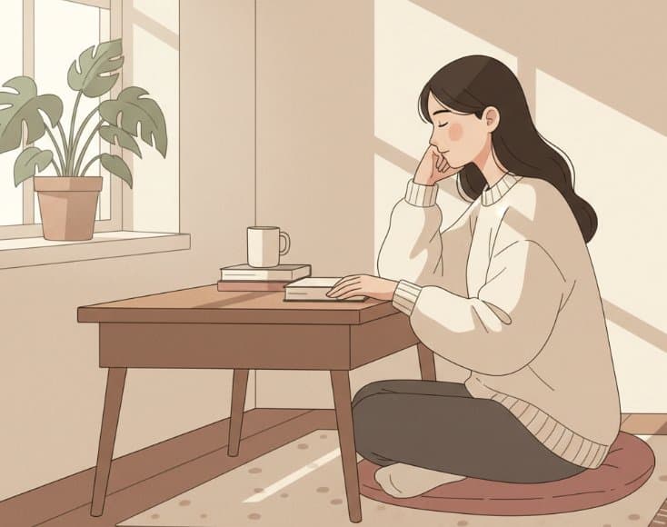 Woman sitting quietly, looking thoughtful, in a soft-lit room