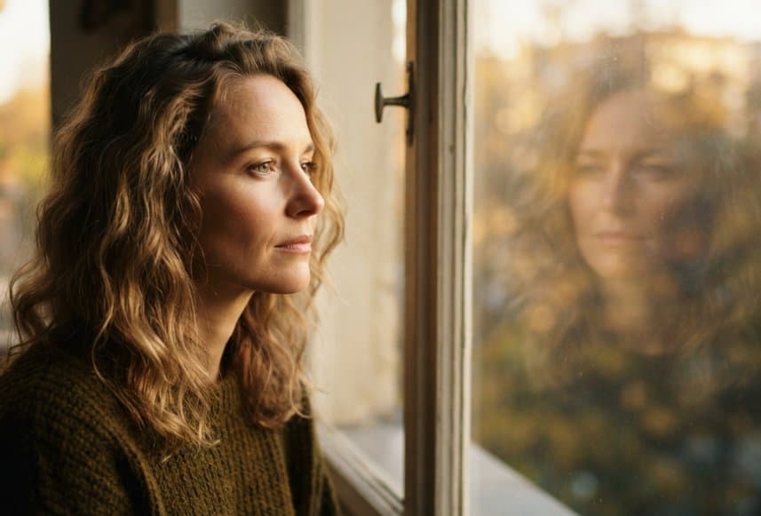 Adulte qui regarde son reflet dans une vitre et réfléchit à ses traits